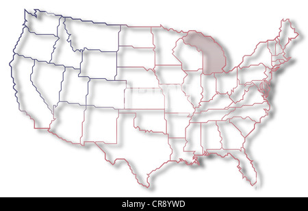 Carte politique des Etats-Unis avec plusieurs États où le Michigan est en surbrillance. Banque D'Images