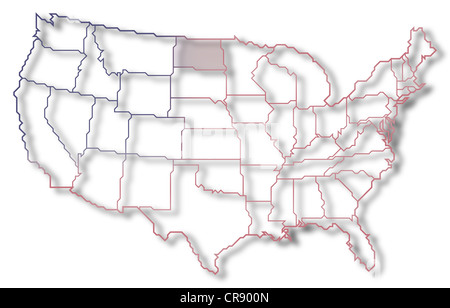 Carte politique des Etats-Unis avec les divers États où le Dakota du Nord est mis en évidence. Banque D'Images