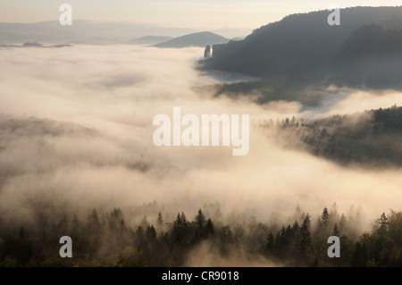 Brouillard sur Nasser Grund vallée, des montagnes de grès de l'Elbe, Saxe, Allemagne, Europe Banque D'Images