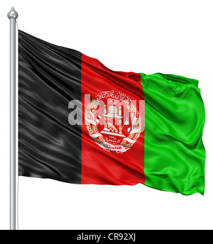 Drapeau de l'Afghanistan avec mât de forme dans le vent contre fond blanc Banque D'Images