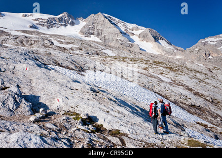 Les grimpeurs ordre croissant Mt. Marmolada, Dolomites, Westgrat Route de corde fixe, Mt. Marmolada dans le dos, le Trentin, Italie, Europe Banque D'Images