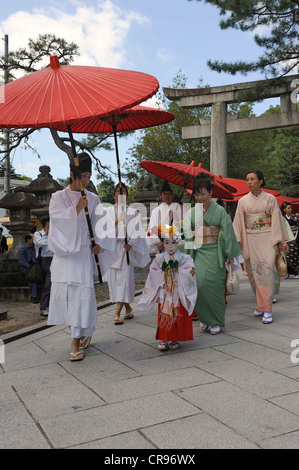 Procession vers le sanctuaire Matsuri festival avec des filles et des mères en kimonos, derrière le torii, culte gate Banque D'Images