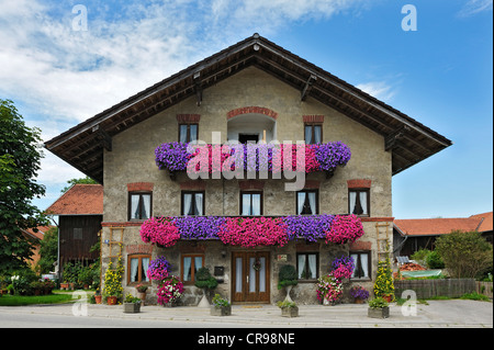 Ancienne ferme avec des géraniums (Pelargonium) sur les balcons, Schlacht près de Munich, Bavaria, Germany, Europe Banque D'Images