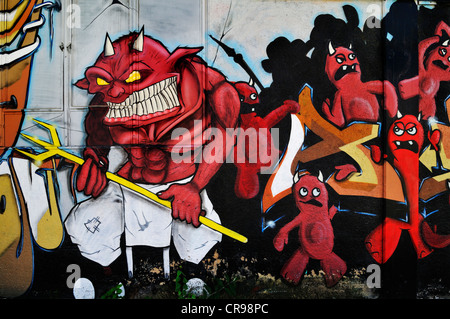 'Vrai' Devils en face du graffiti 7 Theater-Halle Gerolsteiner, anneau, Munich, Bavière, Allemagne, Europe, PublicGround Banque D'Images