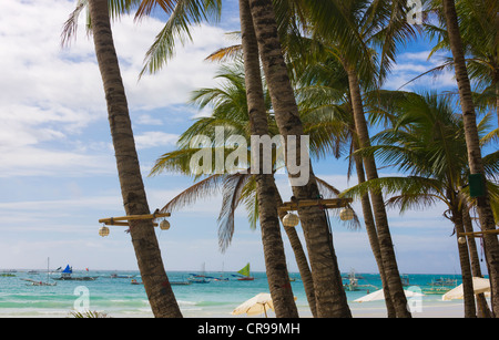 Palmiers avec plage, l'île de Boracay, Province d'Aklan, Philippines Banque D'Images