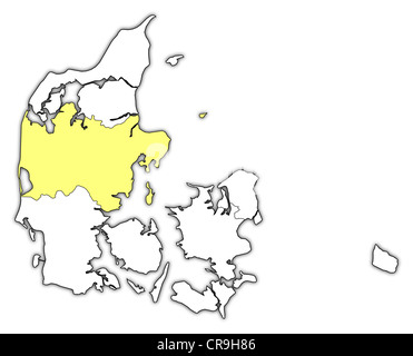 Carte politique du Danemark avec plusieurs régions où le centre du Danemark est en surbrillance. Banque D'Images