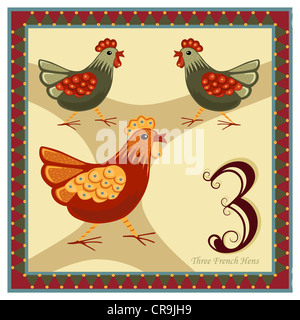 Les 12 Jours de Noël - 3-ème journée - trois poules françaises. Carte de vœux religieux. Banque D'Images