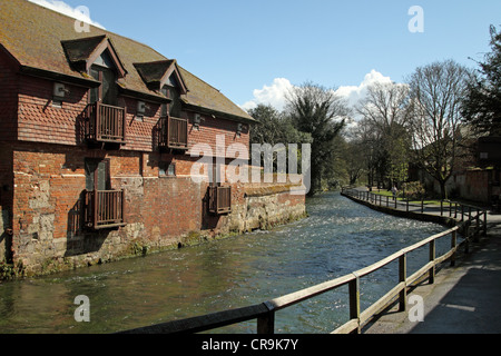 La rivière qui coule à travers Itchen la ville de Winchester, Hampshire, Angleterre. Banque D'Images