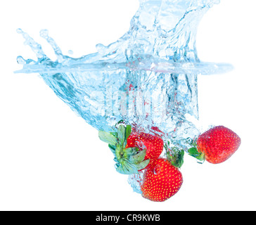 Des fraises fraîches est tombé dans l'eau avec Splash sur fonds blancs Banque D'Images