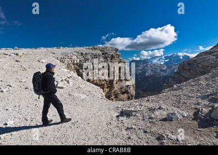 Randonneur admirant la vue de Sass Pordoi, Sella-Group, Sella Ronda, Dolomites, Italie, Europe Banque D'Images