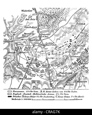 Carte de la bataille de Waterloo, le 18 juin 1815, à partir de la Meyers Konversationslexikon encyclopédie, 1897 Banque D'Images