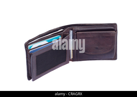 Vieille photo portefeuille marron sur le fond blanc Banque D'Images