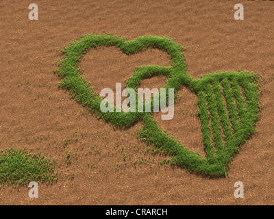 Herbe sur sol sablonneux formant deux coeurs, illustration Banque D'Images