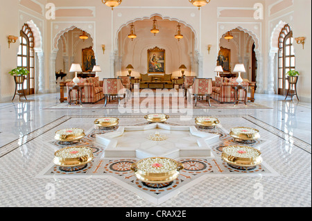 Hall, Rambagh Palace, le Taj Palace Hotel, Heritage Hotel, Jaipur, Rajasthan, Inde, Asie Banque D'Images