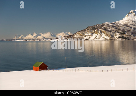 Maison solitaire près de Tovik entre Grov et Harstad, Norvège du Nord, Norvège, Europe Banque D'Images