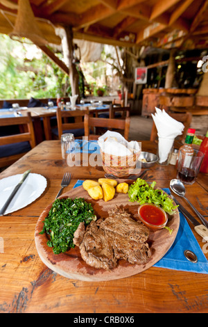 Restaurant steak africain dans un énorme arbre sacré, Mugumo-Fig Fig Ficus (Ficus religiosa), Kiganjo-Nanyuki Road, Nanyuki Banque D'Images