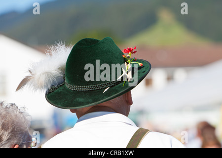 Un homme portant un chapeau traditionnel de l'inspection des vaches au village, en descendant de cérémonie de bêtes à l'estive Banque D'Images