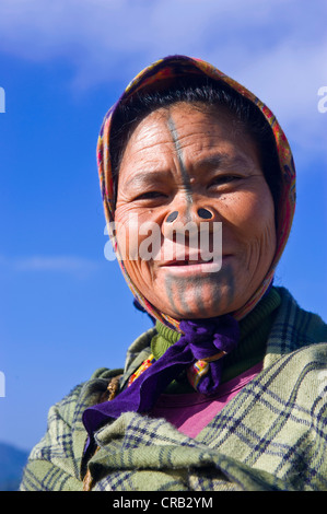 Vieille Femme de la tribu des Apatani, connu pour les morceaux de bois dans leur nez pour les rendre laids, Ziro, de l'Arunachal Pradesh Banque D'Images