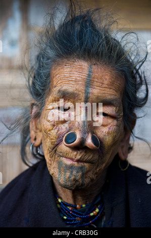 Vieille Femme de la tribu des Apatani, connu pour les morceaux de bois dans leur nez pour les rendre laids, Ziro, de l'Arunachal Pradesh Banque D'Images