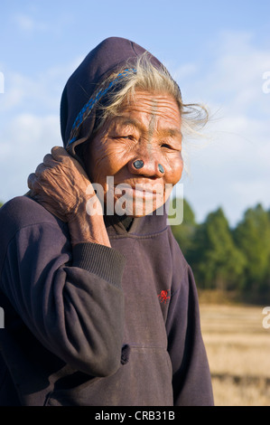 Femme âgée de l'ethnie Apatani, connu pour les morceaux de bois dans leur nez pour les rendre moins attrayant pour rival Banque D'Images
