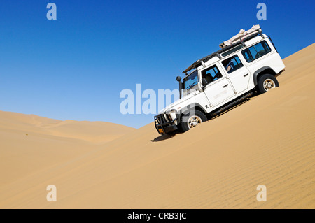 Landrover Defender véhicule hors route de descendre une immense dune, Namib-Naukluft National Park, Skeleton Coast National Park Banque D'Images
