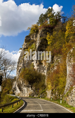 Donautalstrasse, vallée du Danube Road près de Gutenstein, Parc Naturel du Danube supérieur, district de Sigmaringen, Bade-Wurtemberg Banque D'Images