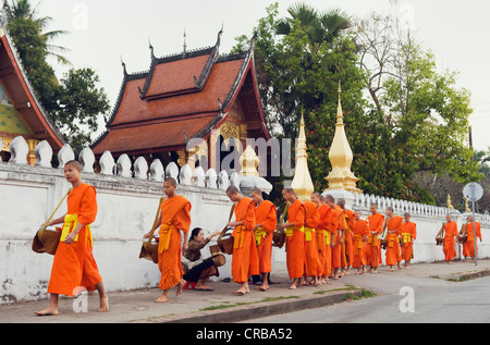 Monks sur leur matin aumône ronde, Luang Prabang, Laos, Indochine, Asie Banque D'Images