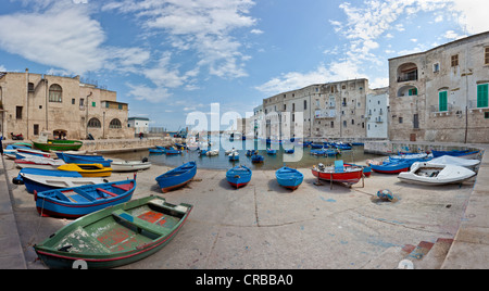 Bateaux dans le petit port de pêche, surplombant la ville de Monopoli, Pouilles, Italie du Sud, Italie, Europe Banque D'Images