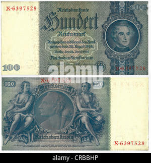 Ancien billet de banque, avant et arrière, Reichsbanknote, 100 reichsmark, Reichsbankdirektorium, vers 1935 Banque D'Images