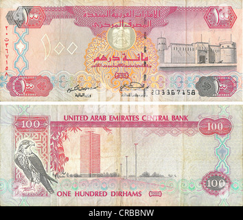 Billet de banque, avant et arrière, la Banque centrale des Émirats arabes unis, 100 Dirhams, monnaie de l'Emirats Arabes Unis Banque D'Images