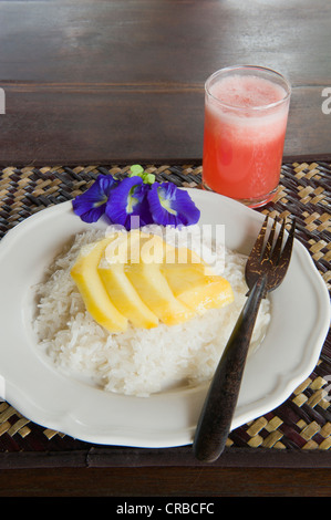 Dessert sucré, le riz collant à la mangue, la nourriture thaïe, Ko Jum Island, Krabi, Thaïlande, Asie du Sud, Asie Banque D'Images