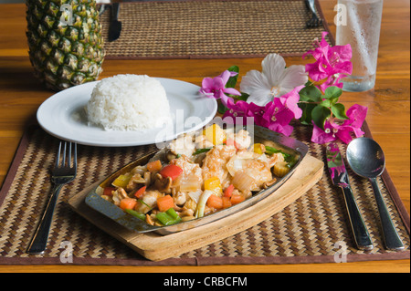 Le poulet sur une plaque chaude avec du riz, la nourriture thaïe, le Seven Seas Resort, Ko Kradan, Trang, Thaïlande, Asie du Sud-Est, Asie Banque D'Images