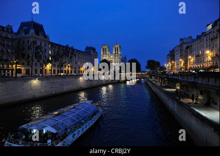 Photo de nuit, la façade occidentale de la Cathédrale Notre-Dame, bateau-mouche bateau d'excursion croisière sur la Seine dans l'avant-plan Banque D'Images