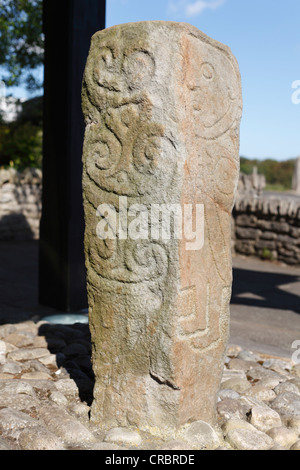 Colonne en pierre avec un relief de Goliath avec une épée sur la croix, Carndonagh Donagh, péninsule d'Inishowen, County , Irlande Banque D'Images