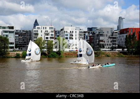 Bateaux à voile sur la rivière, BMW Sailing Cup, à l'arrière des maisons dans le port Westhafen, quartier Gutleutviertel, Frankfurt am Main Banque D'Images