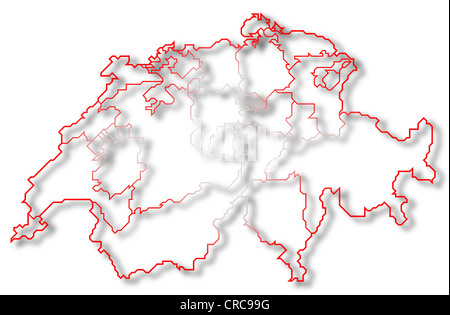 Carte politique de la Suisse avec l'plusieurs cantons où Zoug est en surbrillance. Banque D'Images