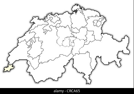 Carte politique de la Suisse avec l'plusieurs cantons où Genève est en surbrillance. Banque D'Images