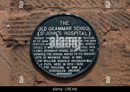 Plaque sur l'hôpital St Jean, Coventry, Royaume-Uni Banque D'Images