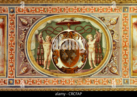 Fresque au plafond, armoiries du cardinal Alessandro Farnese, plus tard le pape Paul III., hall d'entrée du palais dans la Fortezza Banque D'Images