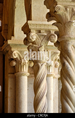 Les colonnes à chapiteaux ornés dans le cloître de la basilique gothique du monastère cistercien, l'abbaye de Fossanova près de Priverno Banque D'Images