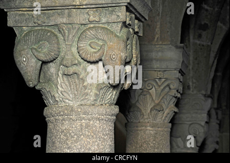Chapiteau de colonne représentant un ram et les plantes, dans le parking souterrain de l'hôtel de piliers crypte païenne, 10e siècle, la cathédrale de St. Banque D'Images