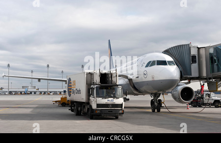 Airbus A320-200 de la Lufthansa, Wiesbaden, à l'aéroport de Munich, Bavaria, Germany, Europe Banque D'Images