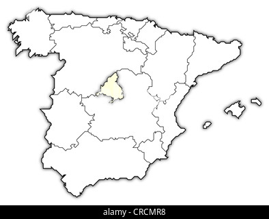 Carte politique de l'Espagne avec les diverses régions où Madrid est en surbrillance. Banque D'Images