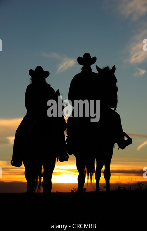 Cowboy et Cowgirl assis à cheval au coucher du soleil, en Saskatchewan, au Canada, en Amérique du Nord Banque D'Images