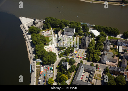 Vue aérienne, Deutsches Eck, le quartier allemand, au milieu de la place de la Bundesgartenschau, Federal Garden Show, BUGA 2011, Coblence Banque D'Images