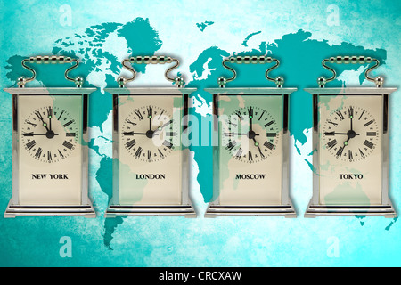 Concept de voyages d'affaires. Timezone montrant différentes horloges temps Banque D'Images