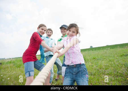 Quatre amis, trois filles et un garçon jouant à la corde dans un pré Banque D'Images