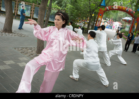 Faire tai chi tôt le matin dans le parc Zizhuyuan, à Beijing, Chine Banque D'Images