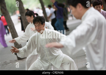 Faire tai chi tôt le matin dans le parc Zizhuyuan, à Beijing, Chine Banque D'Images