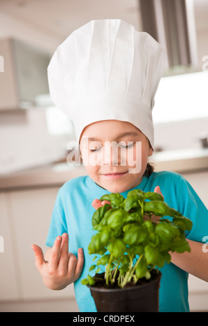 Petite fille avec chapeau de chef sentant un pot de basilic Banque D'Images